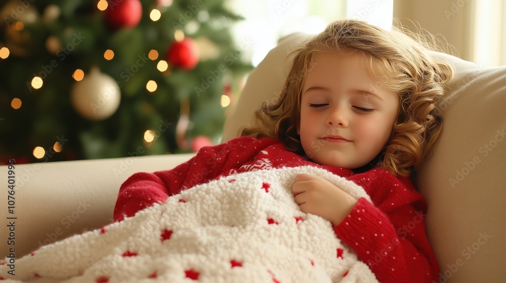 A cozy child snuggles under a blanket, resting peacefully on a sofa beside a beautifully decorated Christmas tree. A cozy child snuggles under a blanket, resting peacefully on a sofa beside a beautifully decorated Christmas tree.