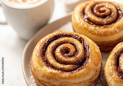 Freshly baked cinnamon rolls with sweet glaze photo