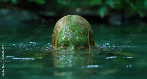 Mysterious figure emerging from dark green waters photo