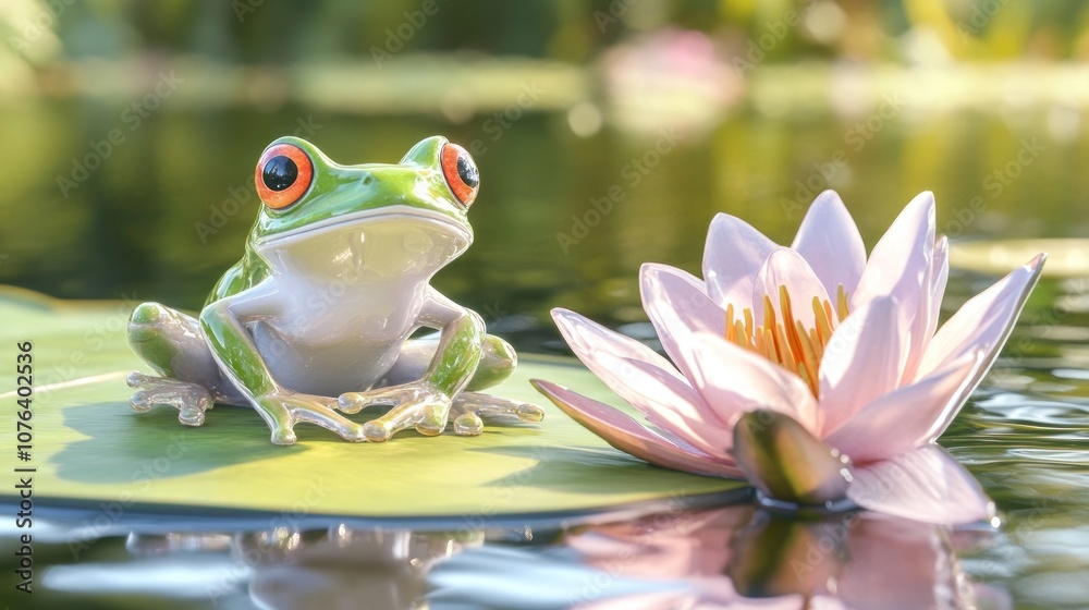 Green Tree Frog Perched on a Lily Pad Beside a Pink Water Lily Green Tree Frog Perched on a Lily Pad Beside a Pink Water Lily