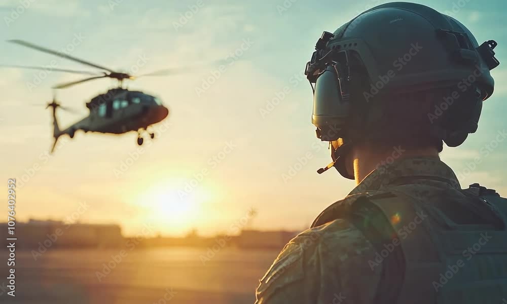 Military commando viewed from behind, in full tactical gear and helmet, holding a rifle with a helicopter flying in the sky at sunset, with copy space Military commando viewed from behind, in full tactical gear and helmet, holding a rifle with a helicopter flying in the sky at sunset, with copy space