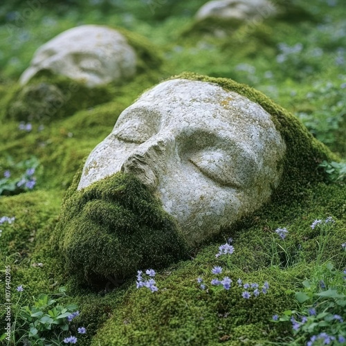 Serene moss-covered stone sculpture in lush garden photo