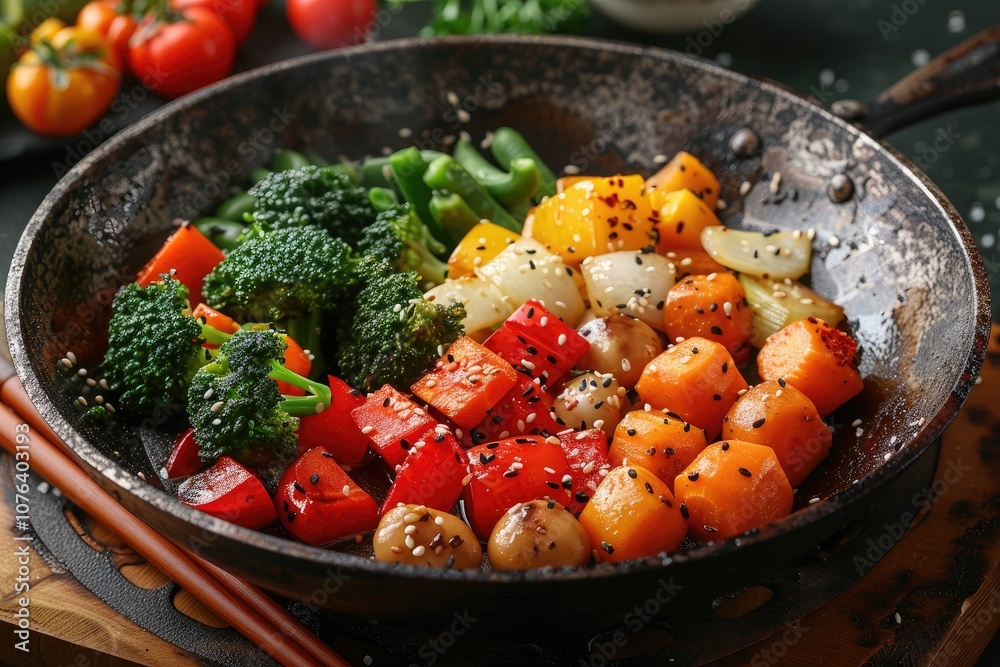 Stir-fried Vegetables with Sesame Seeds in a Black Pan Stir-fried Vegetables with Sesame Seeds in a Black Pan