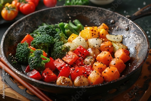 Stir-fried Vegetables with Sesame Seeds in a Black Pan