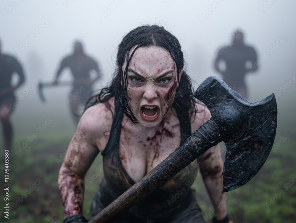 Fierce warrior woman with axe in foggy landscape