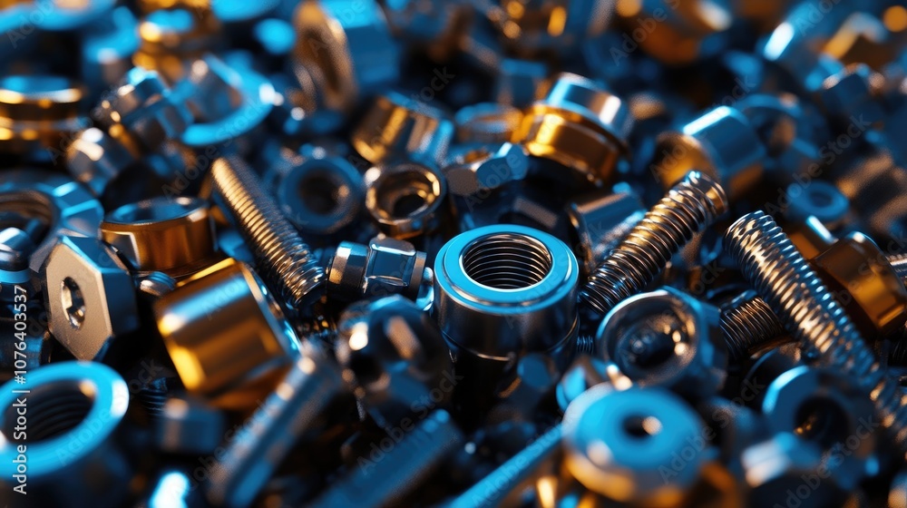 3D Render of Shiny Blue and Gold Nuts, Bolts, and Fasteners in Pile with Metallic Colors and Cinematic Lighting 3D Render of Shiny Blue and Gold Nuts, Bolts, and Fasteners in Pile with Metallic Colors and Cinematic Lighting