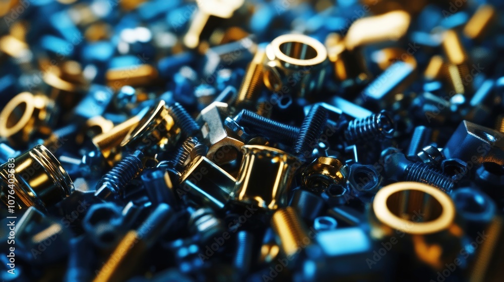 3D Render of Shiny Blue and Gold Nuts, Bolts, and Fasteners in Pile with Metallic Colors and Cinematic Lighting 3D Render of Shiny Blue and Gold Nuts, Bolts, and Fasteners in Pile with Metallic Colors and Cinematic Lighting