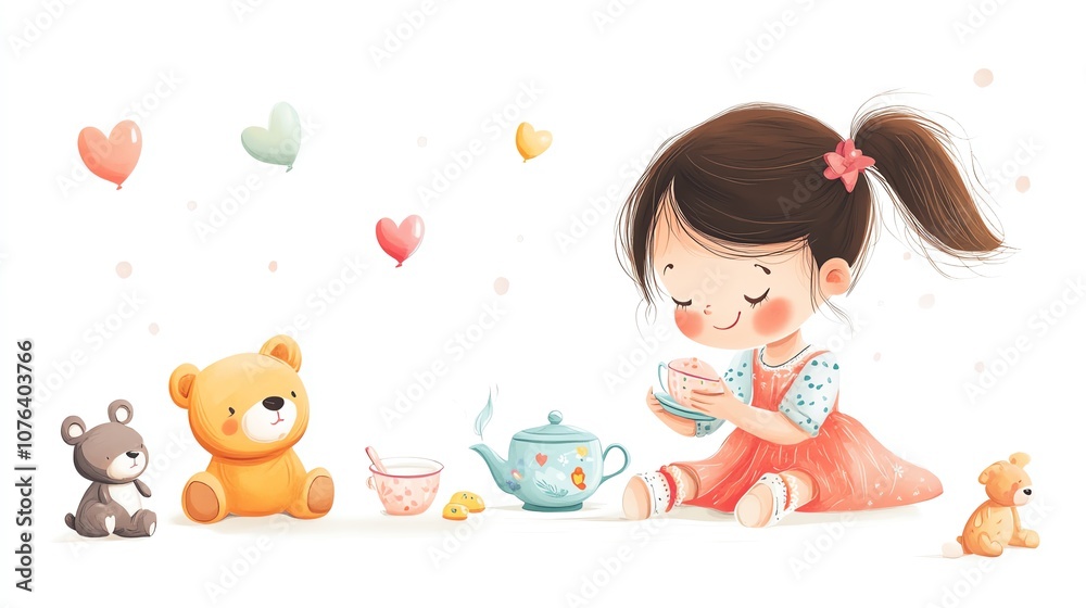 a 2D cartoon illustration of a girl playing with a toy kitchen set, imaginative and happy, white background--ar 16:9 a 2D cartoon illustration of a girl playing with a toy kitchen set, imaginative and happy, white background--ar 16:9