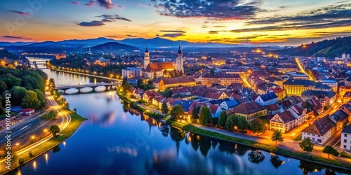 Captivating Evening View of Maribor City Under a Beautiful Blue Sky in Slovenia, Europe, Showcasing the Architectural Beauty and Natural Landscape at Dusk