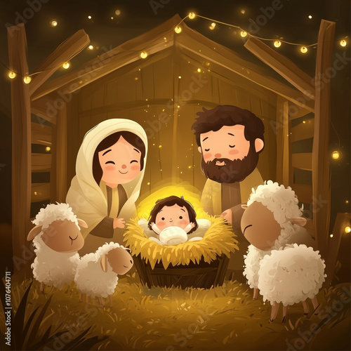 Generative AI. The birth of baby Jesus in a manger in a sheepfold. With Saint Joseph and Mother Mary, cute cartoon. photo