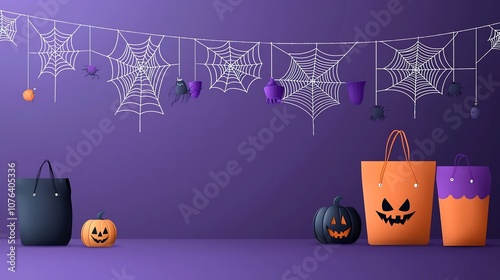 Flat of elegant purple and dark blue toned spider webs on a solid background with a minimalist abstract and decorative design aesthetic perfect for Halloween inspired web banners photo