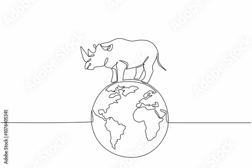 Single one line drawing globe with rhinoceros on top. Pastures must remain green, they must not be barren. Natural habitat. Conserve. World Wildlife Day. Continuous line design graphic illustration