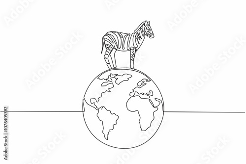 Single one line drawing globe with zebra on top. Environmental conservation is needed to keep them from becoming extinct. Good habitat. World Wildlife Day. Continuous line design graphic illustration