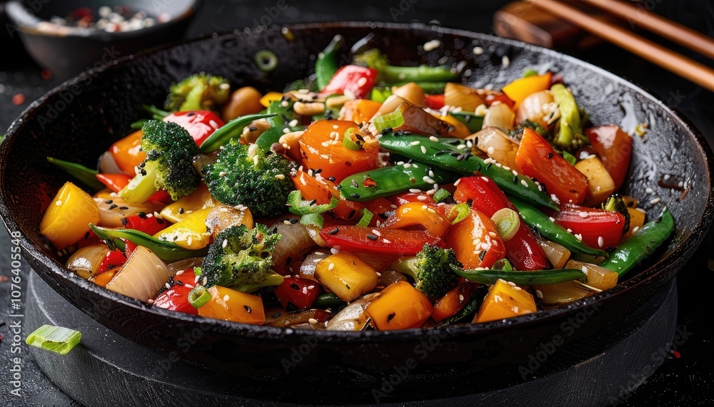 Stir-fried Vegetables with Sesame Seeds in a Black Wok Stir-fried Vegetables with Sesame Seeds in a Black Wok
