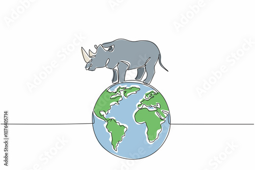 Single one line drawing globe with rhinoceros on top. Pastures must remain green, they must not be barren. Natural habitat. Conserve. World Wildlife Day. Continuous line design graphic illustration