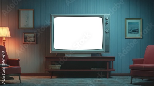 A retro living room with an old-fashioned TV with a blank screen, two red armchairs, and a lamp.