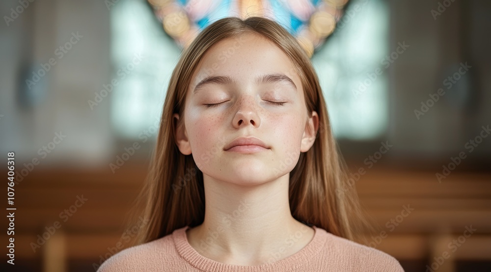 young woman with eyes closed in peaceful meditation young woman with eyes closed in peaceful meditation