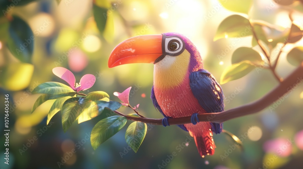 Naklejka premium A Colorful Toucan Perched on a Branch in a Lush Forest Setting