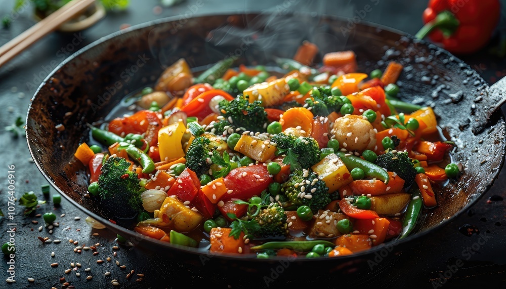 Steaming Wok of Colorful Vegetables with Sesame Seeds Steaming Wok of Colorful Vegetables with Sesame Seeds
