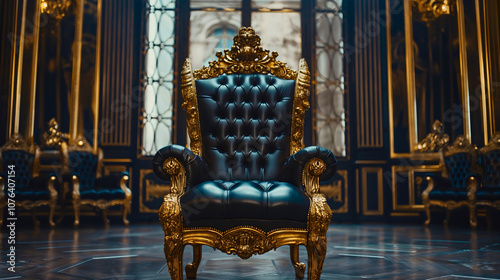 Majestic king throne armchair, opulent royal luxury rich vintage, resplendent comfortable baroque antique, elegant palace ornate, medieval golden regal photo