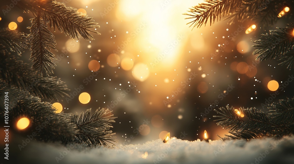 Snow-Covered Pine Branches with Warm Lights, Winter Holiday Background Scene