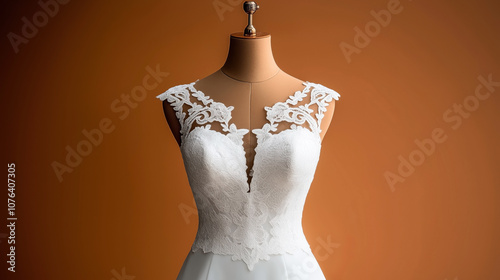 Elegant white lace and satin wedding dress bodice displayed on a mannequin against a warm brown background, showcasing intricate floral lace patterns and a sleeveless design.