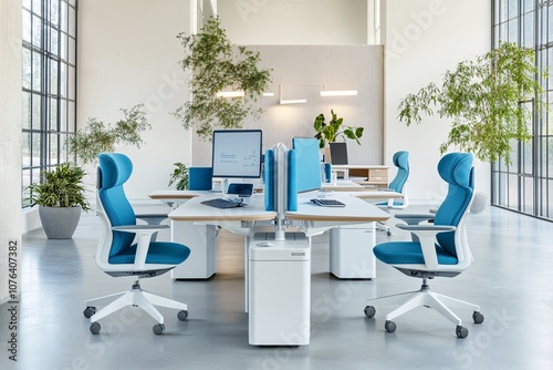 Modern Office Interior Design with Blue Chairs and Desks