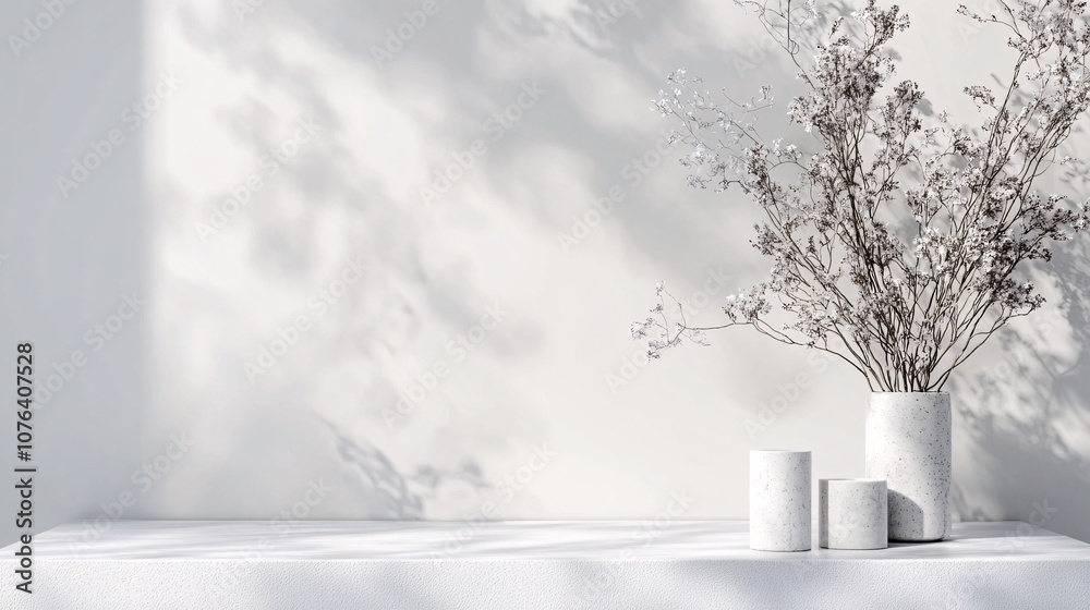 Fototapeta premium White shelf with decorative dried flowers in a vase casting shadows on the wall