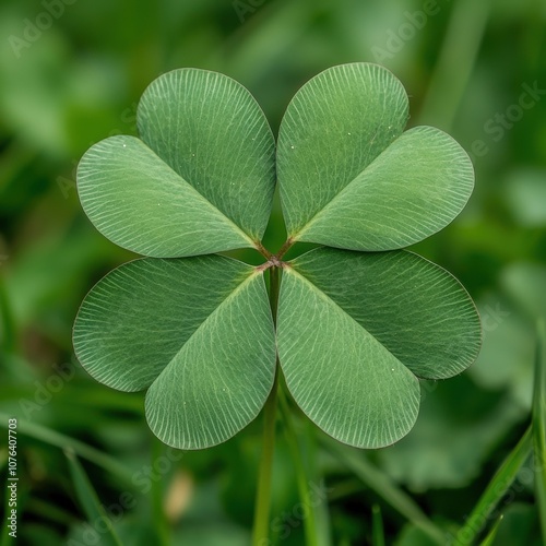 close-up of a green four-leaf clover photo