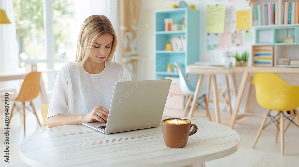 Focused woman working intently on her laptop in a bright colorful and modern home office environment with stylish furnishings an airy decor and a warm Focused woman working intently on her laptop in a bright colorful and modern home office environment with stylish furnishings an airy decor and a warm