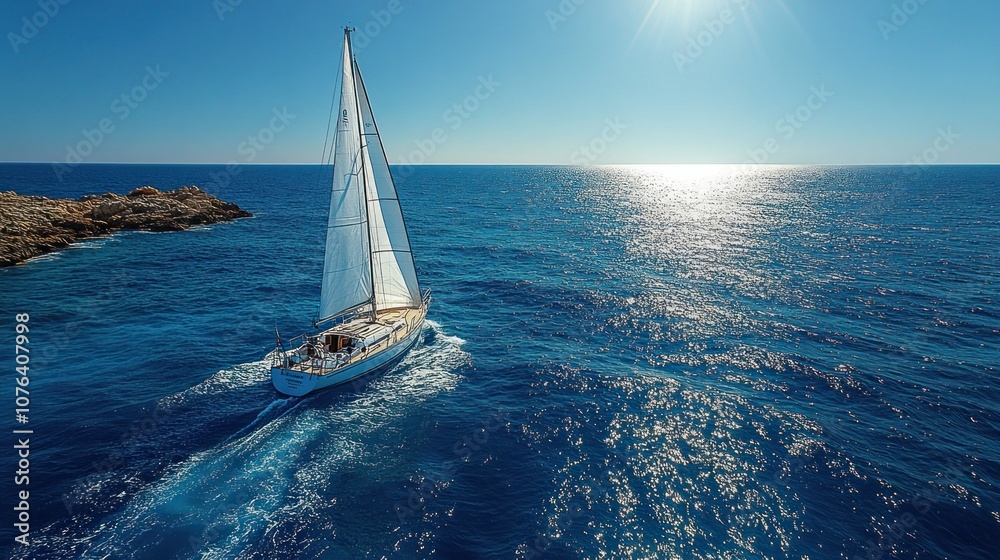 Obraz premium A sailboat gliding through calm blue waters under a bright sky.