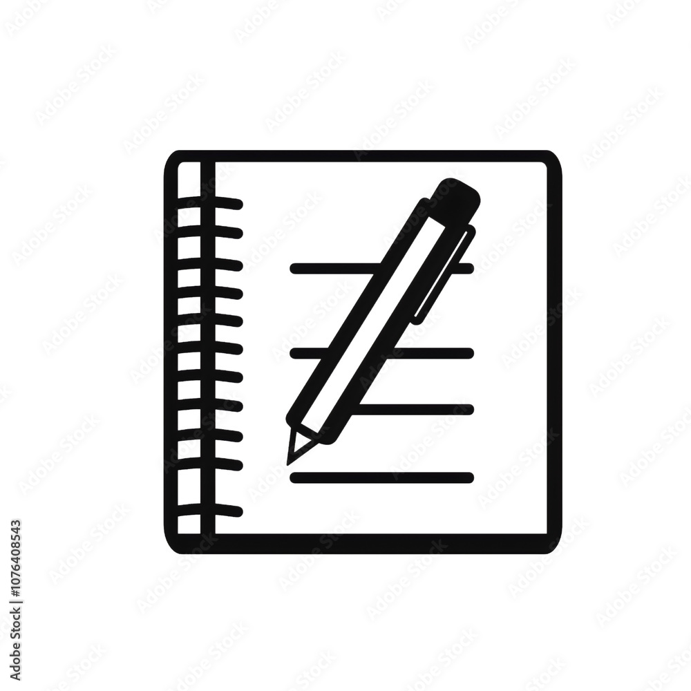 Scholarly notebook pen icon, minimal black outline notepad isolated, organized paper flat list illustration, stationery educational academic, document study essential Scholarly notebook pen icon, minimal black outline notepad isolated, organized paper flat list illustration, stationery educational academic, document study essential