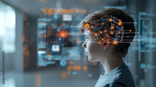 Thoughtful young man with digital network overlay on his head glowing nodes and lines symbolizing intelligence set against a futuristic background with warm toned bokeh for depth and imagination