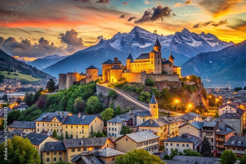 Captivating Late Evening Portrait of Historical Sion Town in Switzerland Showcasing its Two Majestic Castles Illuminated by Twilight Glow