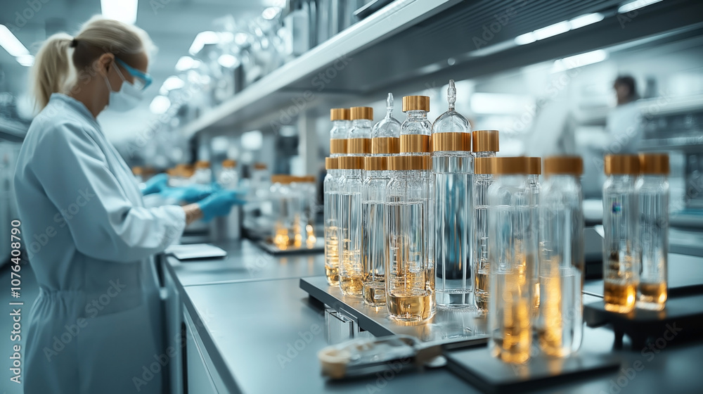 Laboratory with a scientist wearing protective gear, focusing on rows of glass bottles with orange caps containing liquid, in a modern research facility setting Laboratory with a scientist wearing protective gear, focusing on rows of glass bottles with orange caps containing liquid, in a modern research facility setting
