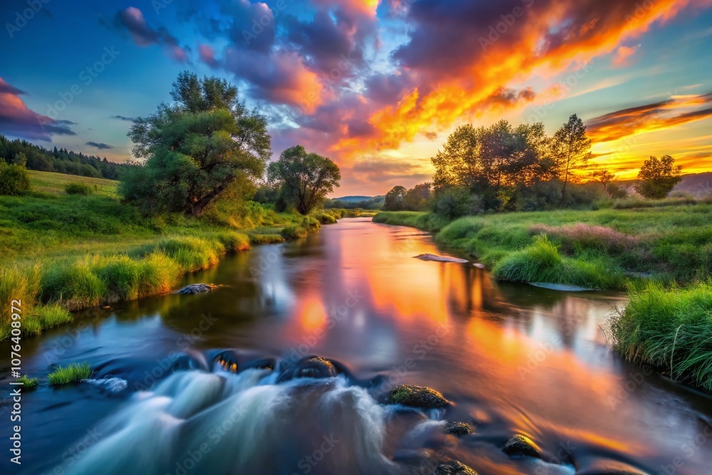 custom made wallpaper toronto digitalCaptivating Long Exposure Capture of a Rustic Landscape at Dusk with Glowing Skies and Flowing Water, Evoking a Sense of Tranquility and Natural Beauty in Serene Surroundings