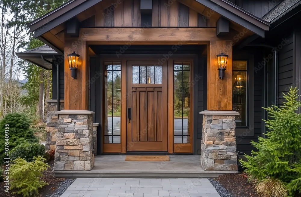 A front door with two glass panels and a wood frame on the exterior of a Craftsman-style home
A front door with two glass panels and a wood frame on the exterior of a Craftsman-style home