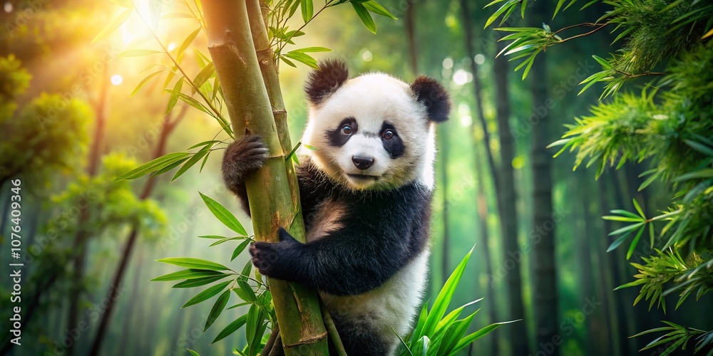 Obraz premium Captivating Long Exposure of a Baby Panda Playfully Climbing a Bamboo Tree in a Serene Forest Setting, Showcasing the Beauty of Nature and Wildlife Conservation Efforts
