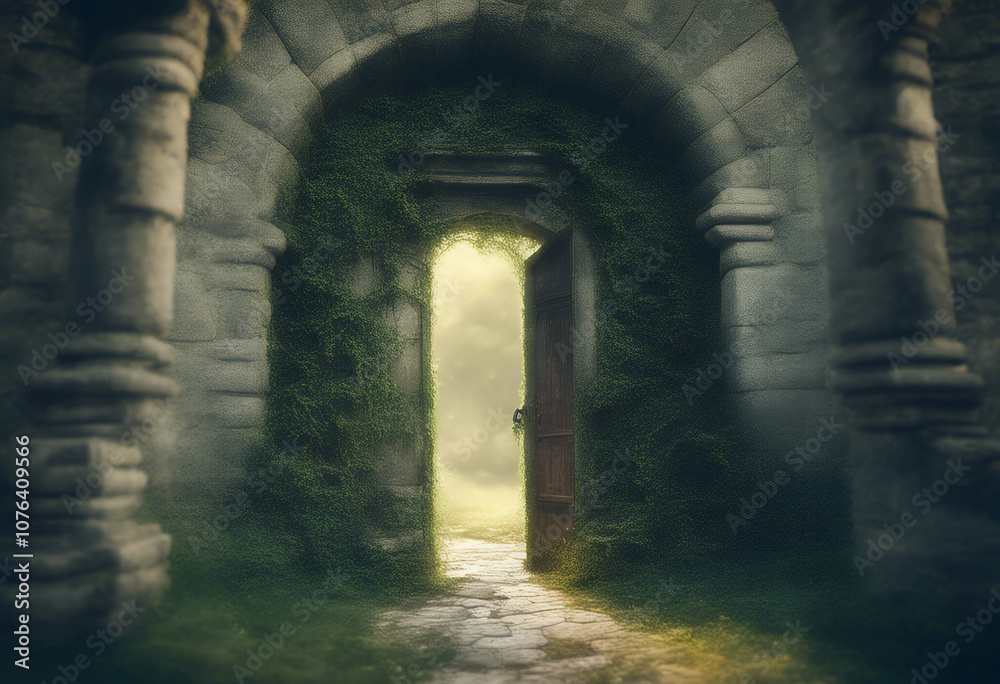 Obraz premium to plant mysterious fantasy hidden leaf gate wall overgrown art door castle doorway concept secret