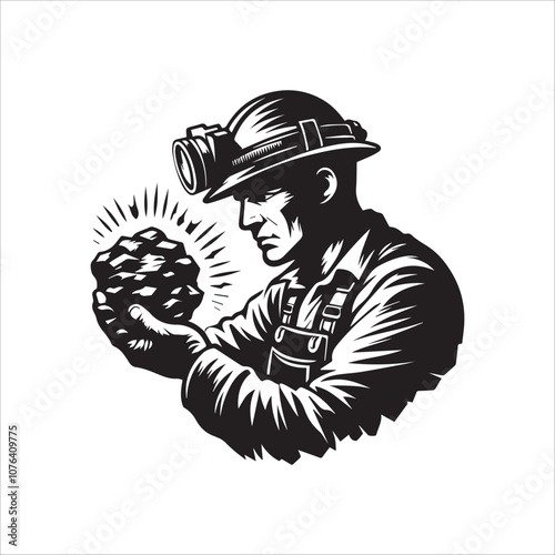 Coal miner carefully examines a piece of coal. A vintage-style illustration of a coal miner wearing a hard hat and headlamp, carefully examining a piece of coal he's holding in his gloved hands.