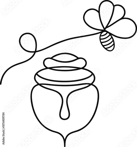 Single one line honey concept. Continuous line draw design graphic vector transparent with PNG