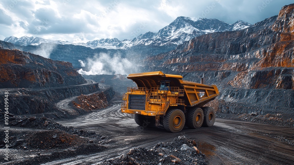 Heavy mining truck in a rugged landscape with mountains. Heavy mining truck in a rugged landscape with mountains.