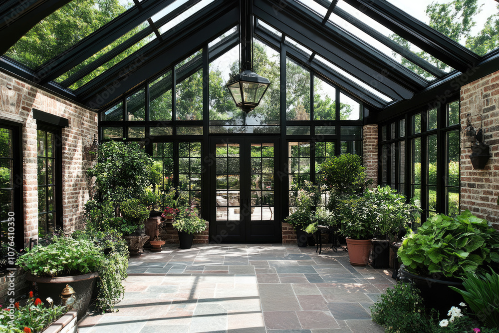 Classic Black-Windowed Greenhouse with Open Ceiling for Timeless Garden Appeal Classic Black-Windowed Greenhouse with Open Ceiling for Timeless Garden Appeal