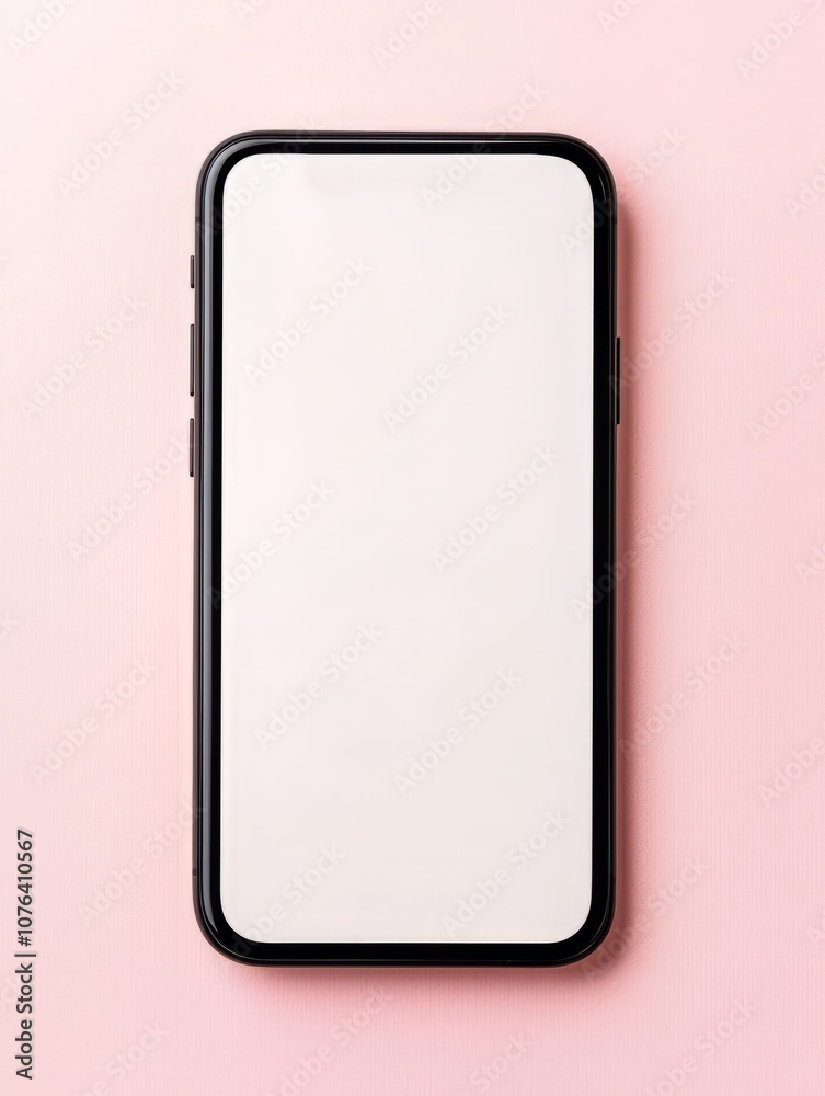 Modern smartphone with blank screen on a pastel pink background.