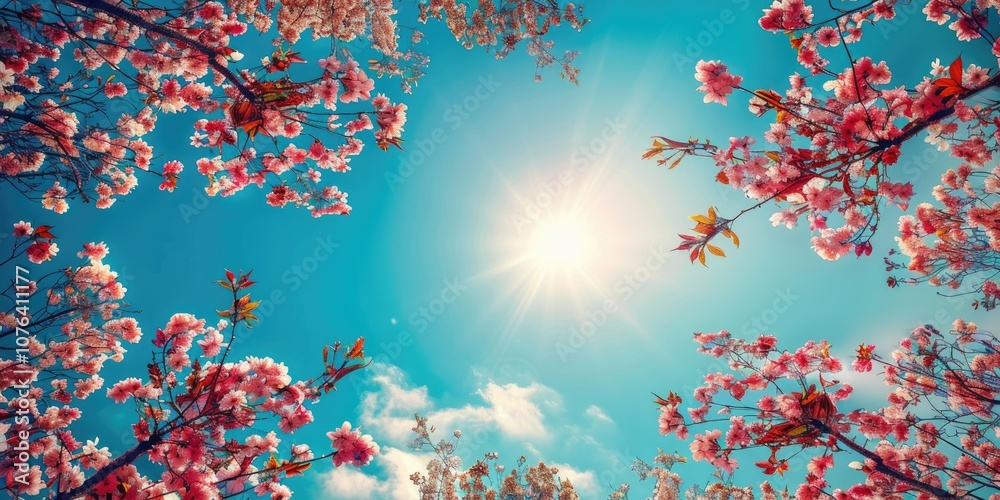 Tree Branches Covered in Pink Cherry Blossoms Against a Clear Sky Tree Branches Covered in Pink Cherry Blossoms Against a Clear Sky