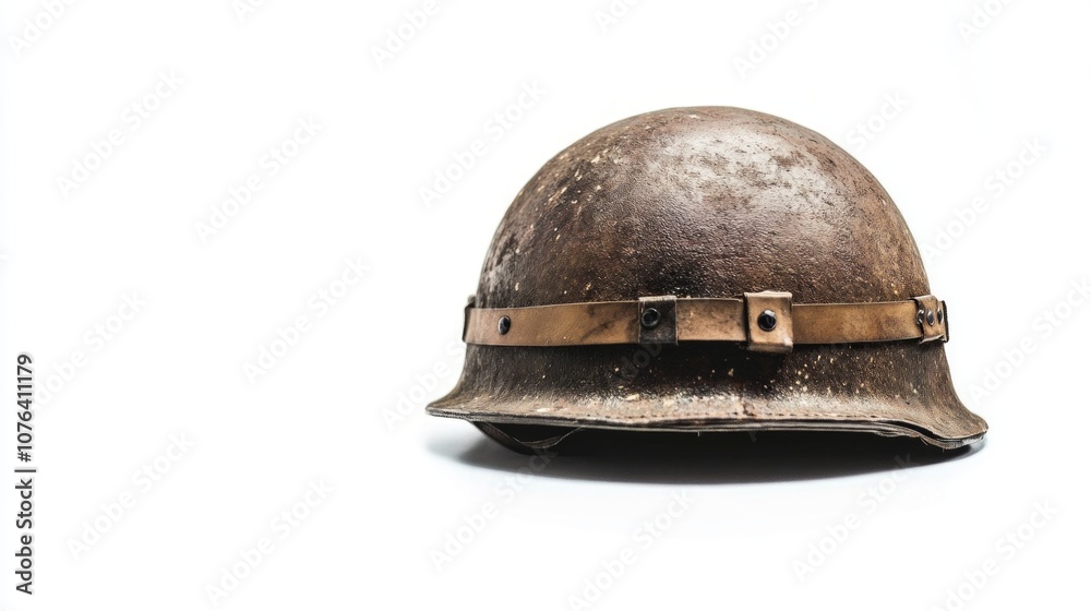 Fototapeta premium A vintage military helmet with a weathered finish tells stories of bravery. This artifact symbolizes strength in conflict. History is etched in its surface. Generative AI