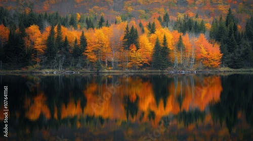 A vibrant reflection of autumn foliage in a still lake, showcasing a variety of colors from green to orange.