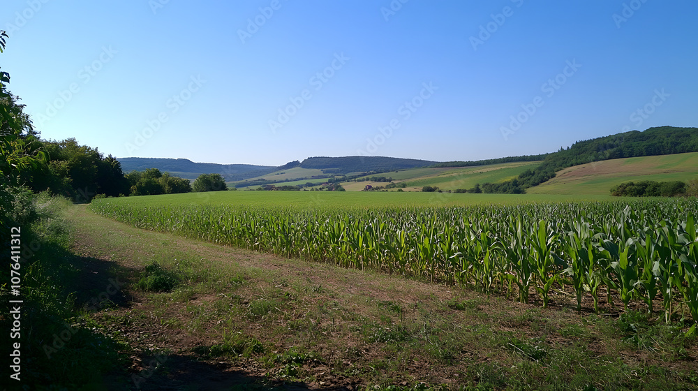 Obraz premium Green corn field with blue sky background