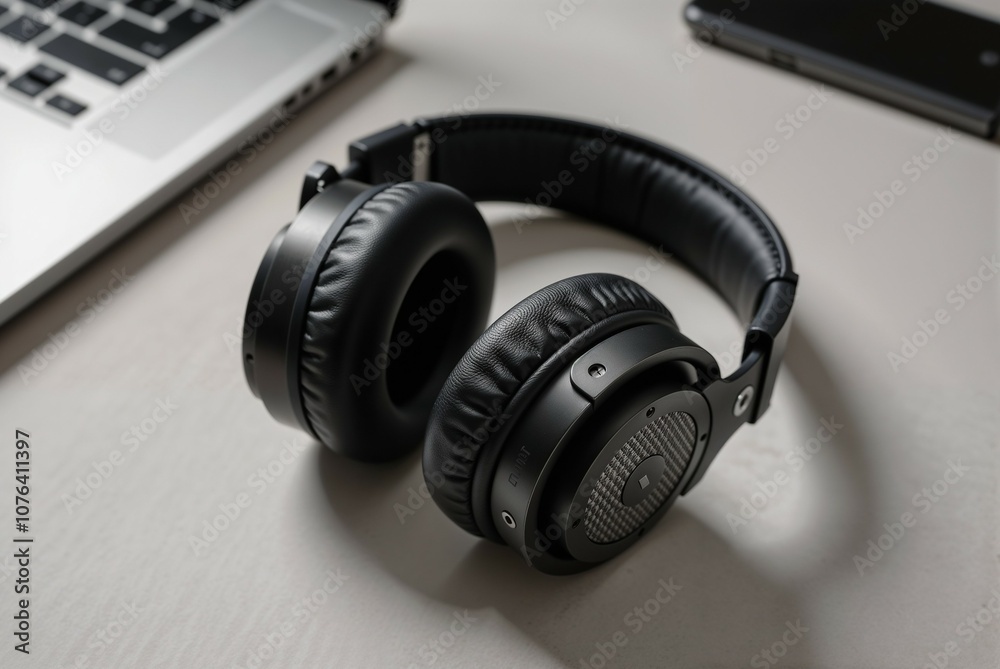 A pair of highquality headphones is sitting on a table beside a laptop A pair of highquality headphones is sitting on a table beside a laptop