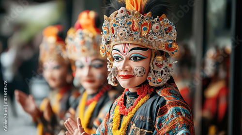 Group of dancers wearing traditional ornate masks and costumes, featuring detailed headdresses and face paint, performing a cultural dance. The image captures vibrant colors and intricate designs.